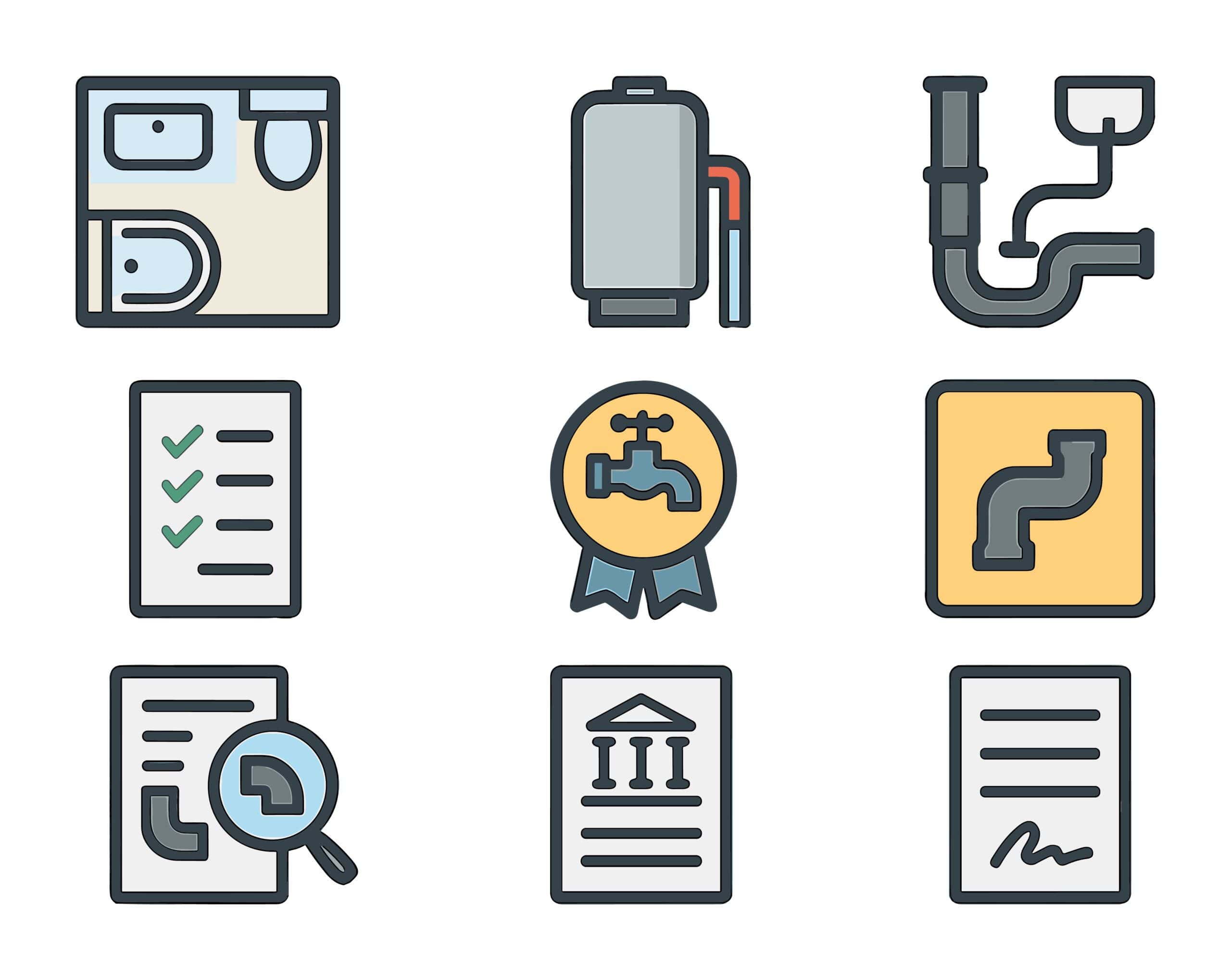 Plumbing Permit Icons. Flat icon set of residential plumbing permits: bathroom layout, water heater diagram,