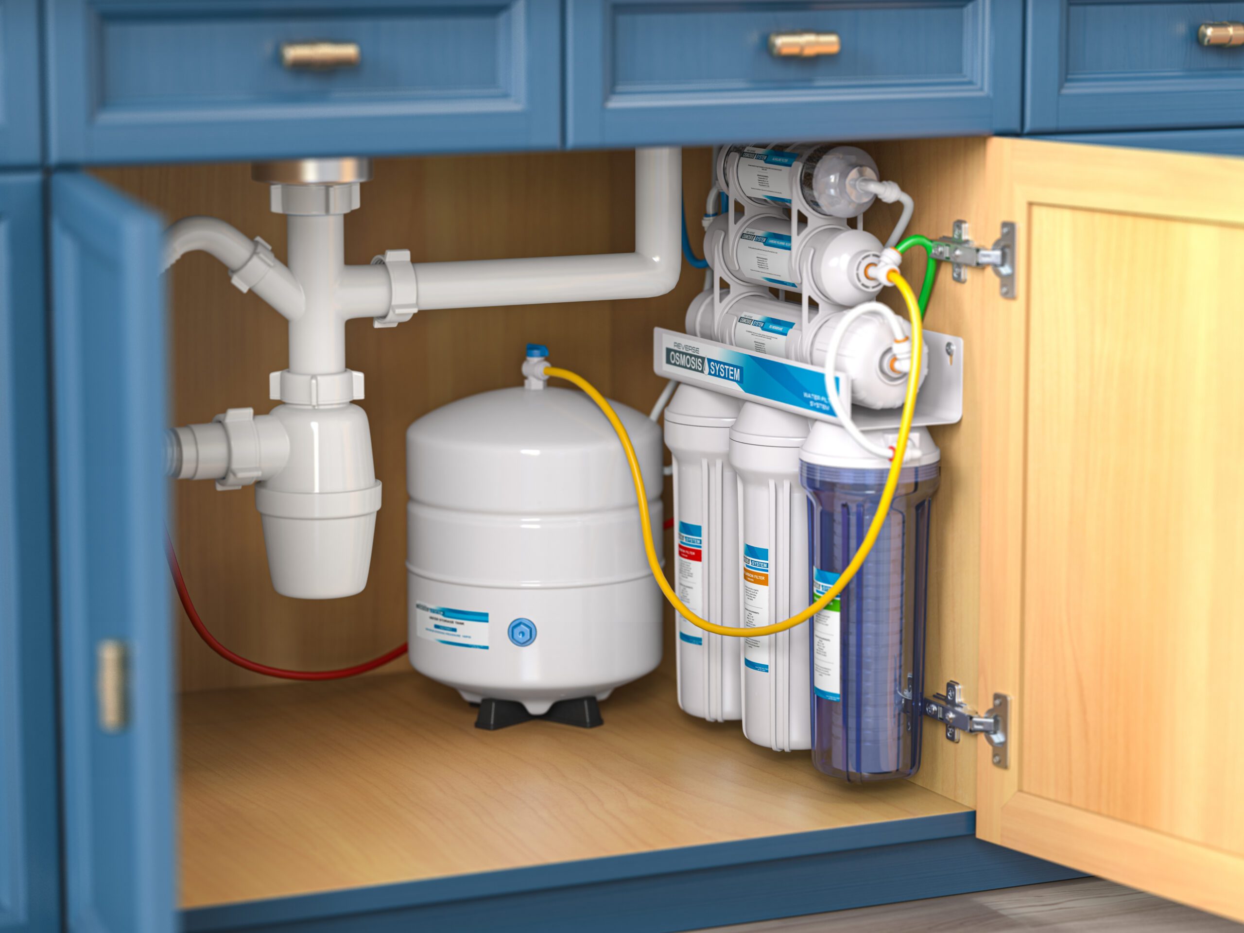 Reverse osmosis water purification system under sink in a kitchaen. Water cleaning system installation. 3d illustration
